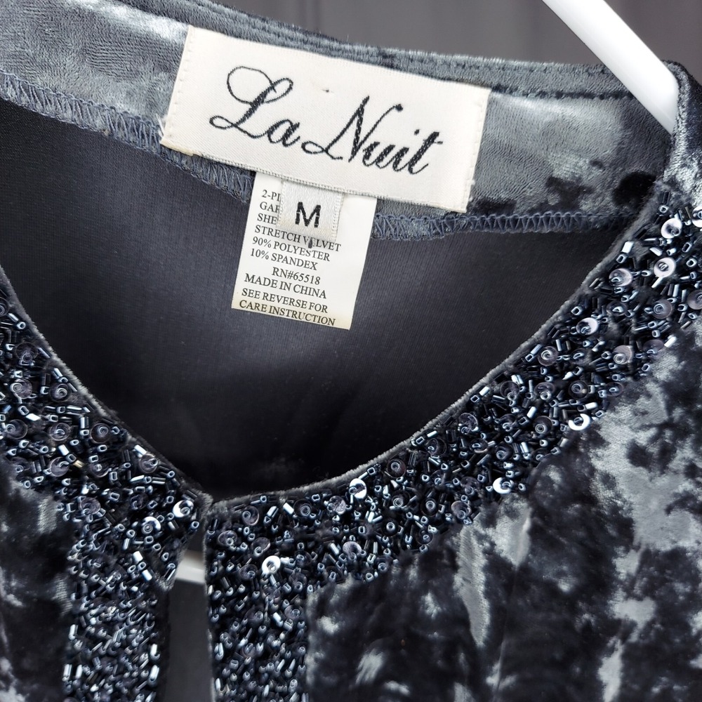 La Nuit Crushed Velvet Beaded Cardigan Top Set Women Medium Gray Glam Party - Picture 10 of 13